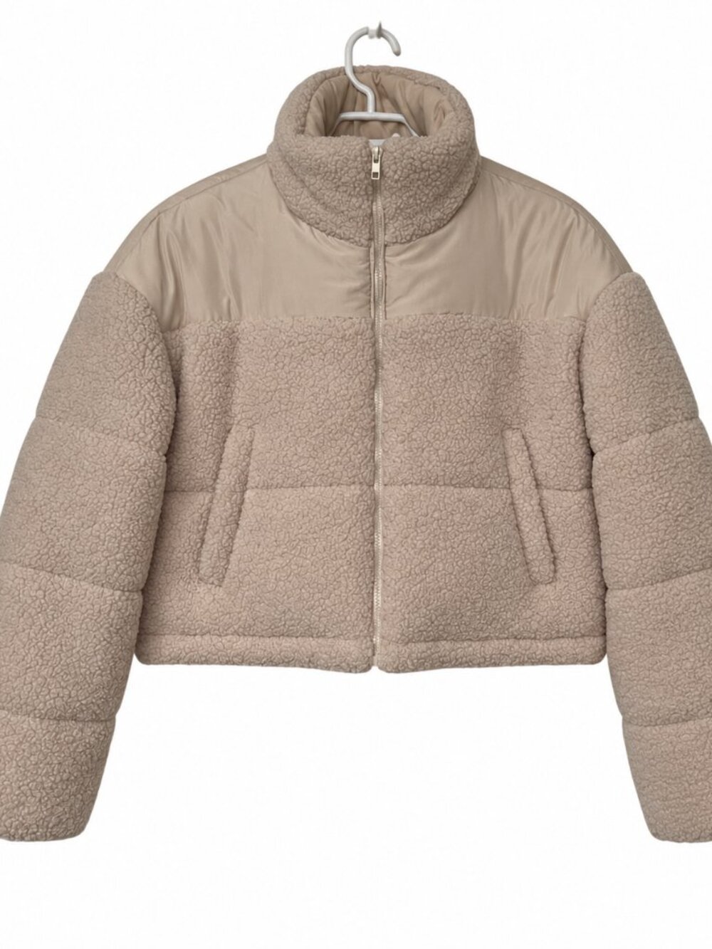 Cream Teddy Sherpa Puffer Jacket | Cropped Cozy Winter Coat | Neutral Beige